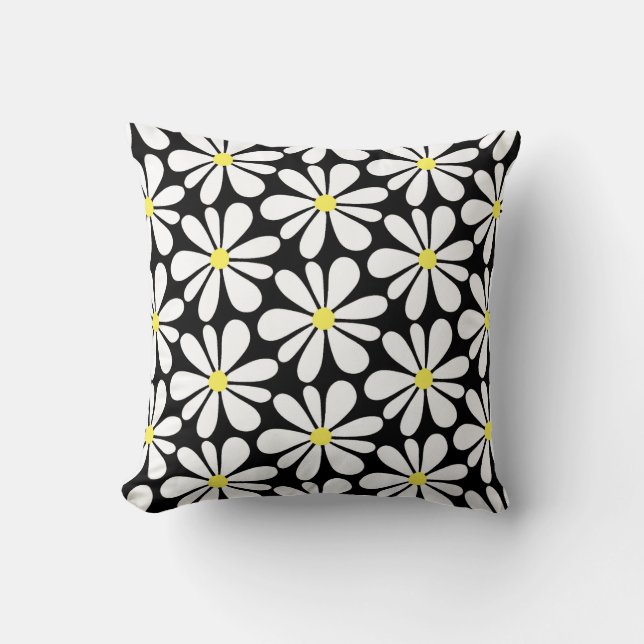 White Daisy on Black Floral Cushion (Front)