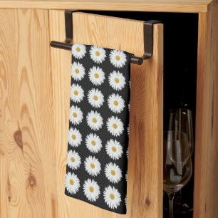 White Daisy on Black Floral Pattern Tea Towel