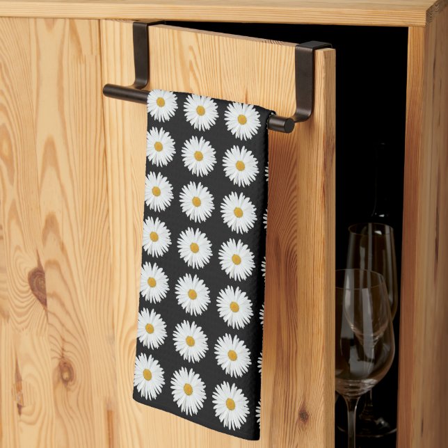 White Daisy on Black Floral Pattern Tea Towel (Thirds Fold)