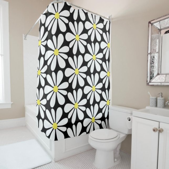 White Daisy on Black Floral Shower Curtain (Creator Uploaded)