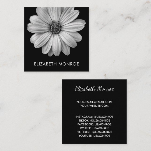 White Daisy on Black Square Calling Card (Front/Back)