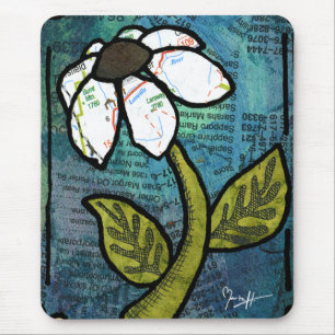 White Daisy on Blue Background - Collage Mouse Mat