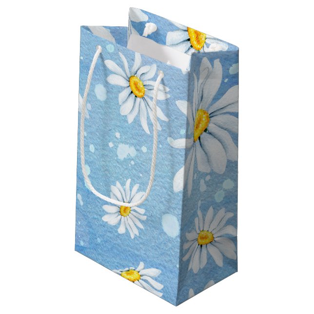 white daisy on blue small gift bag (Back Angled)