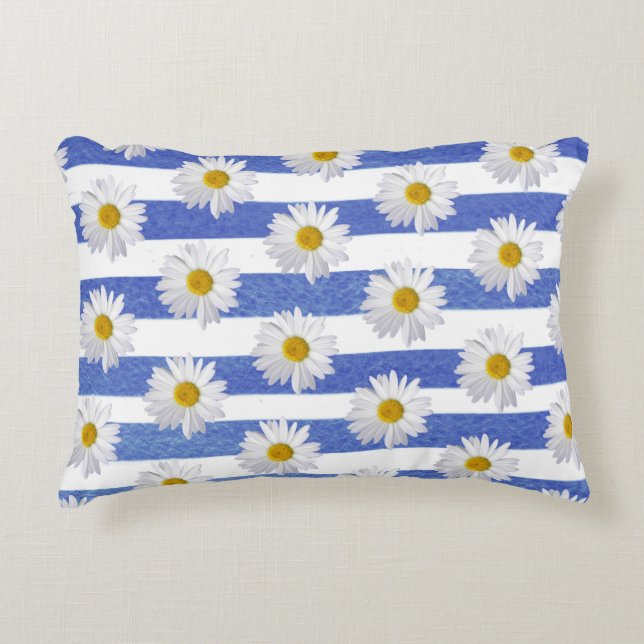 white daisy on blue watercolor stripe decorative cushion (Front)