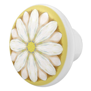 White Daisy on Golden Yellow Ceramic Knob