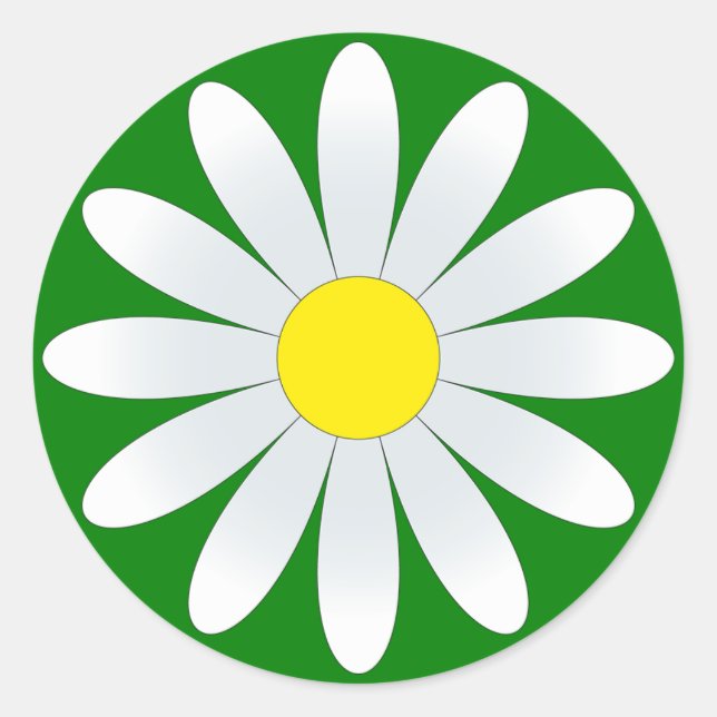 White Daisy on Green Classic Round Sticker (Front)