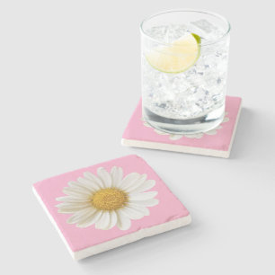 White Daisy on Pink Background Floral Stone Coaster