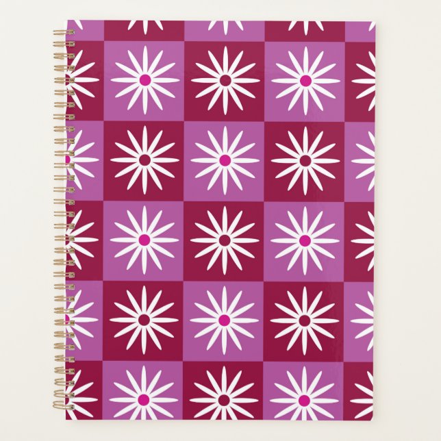 White daisy on Red and Pink Pattern Chequerboard Planner (Front)