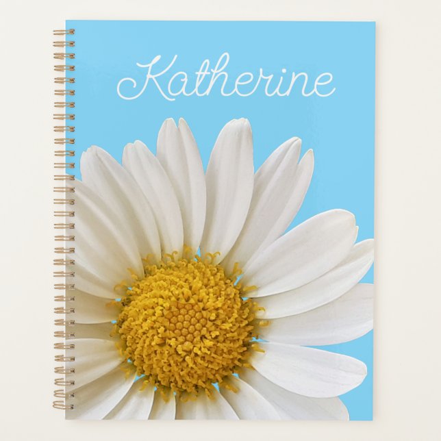 White Daisy on Sky Blue Custom Name Planner (Front)