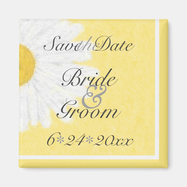 White Daisy on Yellow Save the Date Magnet (Front)