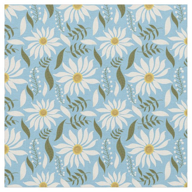 White Daisy Pastel Floral Pattern Fabric (Close Up)