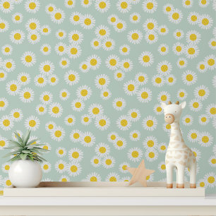 White Daisy Pastel Green Peel and Stick Wallpaper