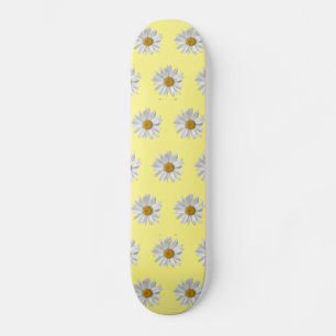 White Daisy Pattern Cute Yellow Skateboard