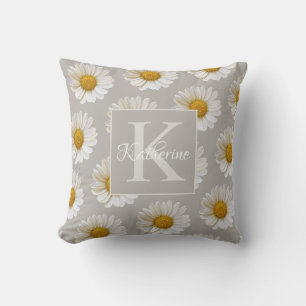 White Daisy Pattern Monogram Grey Floral Cushion