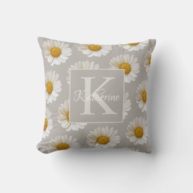 White Daisy Pattern Monogram Grey Floral Cushion (Front)