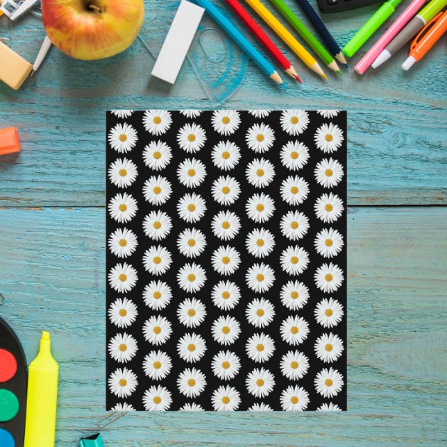 White Daisy Pattern on Black Scrapbook Paper (In Situ)