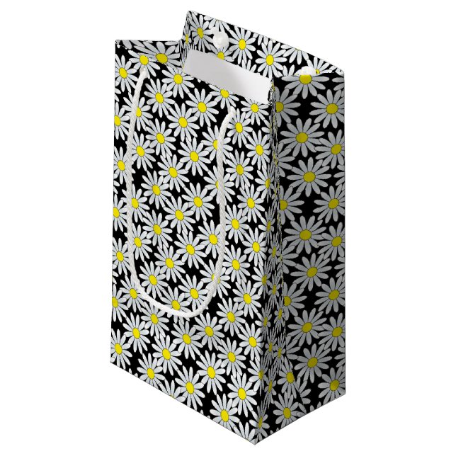 White Daisy Pattern on Black Small Gift Bag (Front Angled)