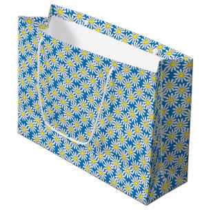 White Daisy Pattern on Blue Large Gift Bag