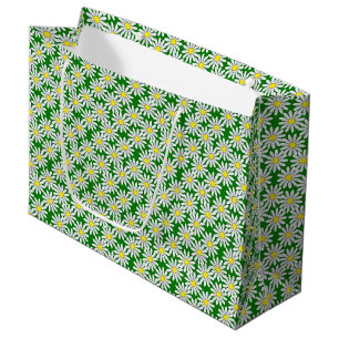 White Daisy Pattern on Green Large Gift Bag