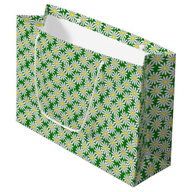 White Daisy Pattern on Green Large Gift Bag (Front Angled)