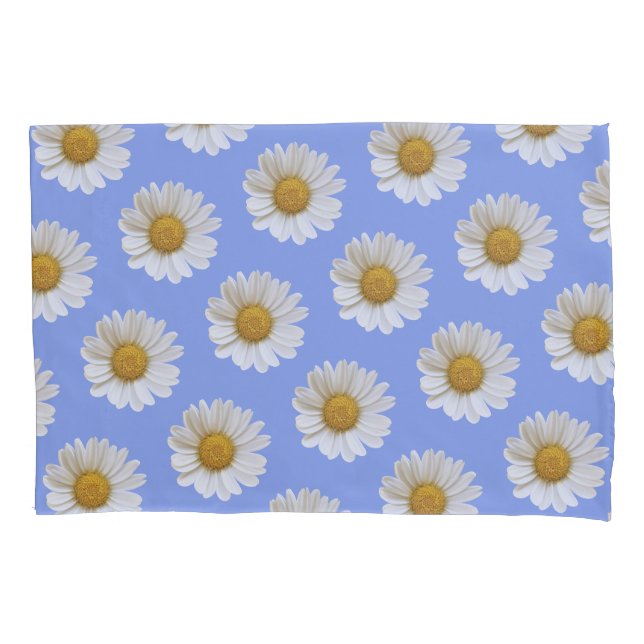 White Daisy Pattern on Light Blue Background Pillowcase (Front)