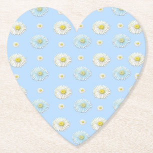 White Daisy Pattern on Light Blue Heart Paper Coaster