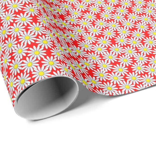 White Daisy Pattern on Red Wrapping Paper (Roll Corner)