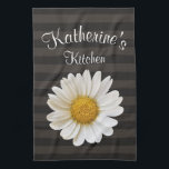 White Daisy Personalised Dark Striped Tea Towel<br><div class="desc">A close-up photo of a beautiful white daisy flower with custom name on dark striped background.</div>