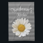 White Daisy Personalised Grey Striped Tea Towel<br><div class="desc">A close-up photo of a beautiful white daisy flower with custom name on grey striped background.</div>