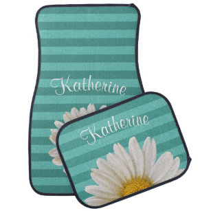 White Daisy Personalised Teal Striped Car Mat