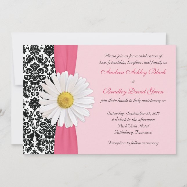 White Daisy Pink Black Damask Wedding Invitation (Front)