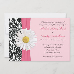 White Daisy Pink Black Damask Wedding Invitation