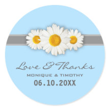 White Daisy Ribbon Blue Wedding Thank You Stickers