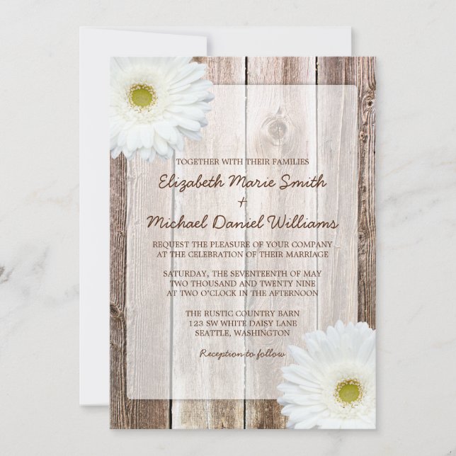 White Daisy Rustic Barn Wood Wedding Invitations (Front)