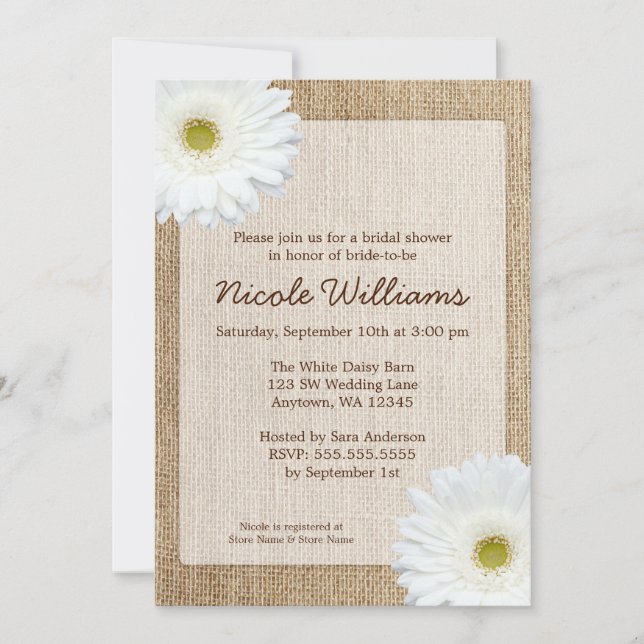White Daisy Rustic Burlap Bridal Shower Invitation (Front)