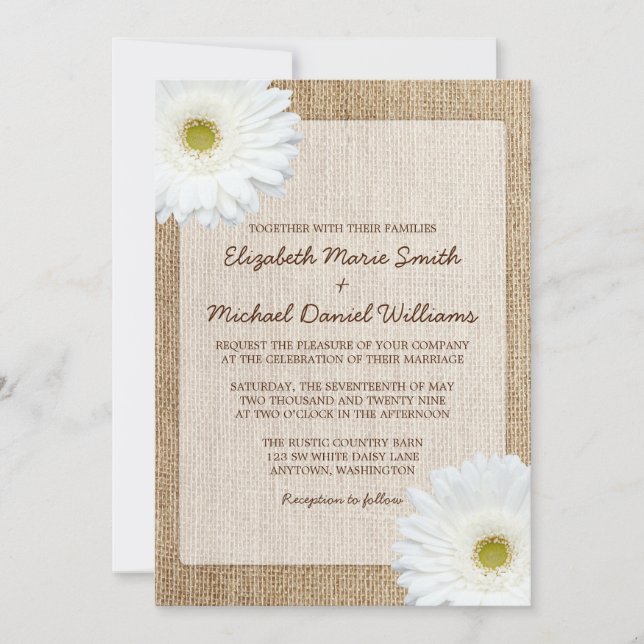 White Daisy Rustic Burlap Wedding Invitations (Front)