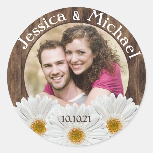White Daisy Rustic Wood Photo Wedding Save Date Classic Round Sticker (Front)