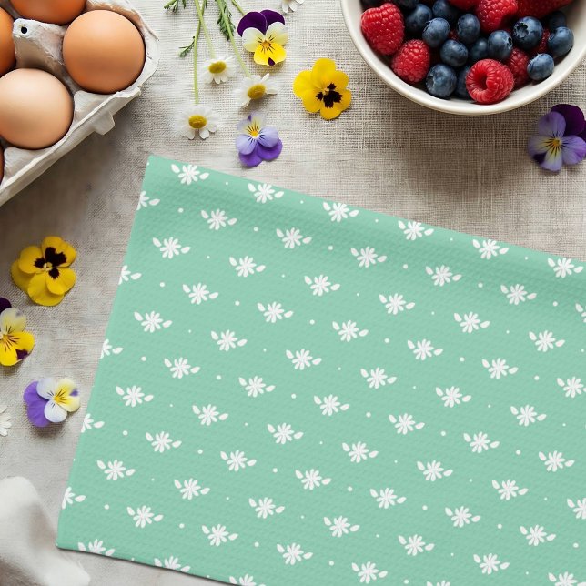 White Daisy Simple Floral Spring Pattern Green Tea Towel (Creator Uploaded)