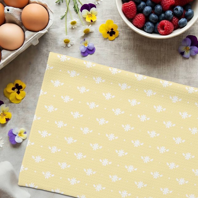 White Daisy Simple Floral Spring Pattern Yellow Tea Towel (Creator Uploaded)