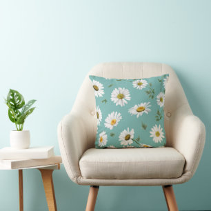 White Daisy Teal Background Pattern Cushion