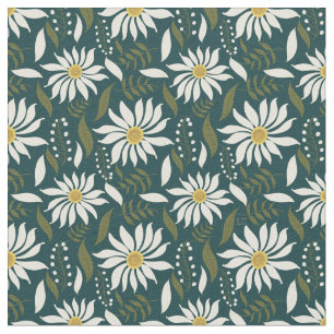 White Daisy Teal Floral Pattern Fabric