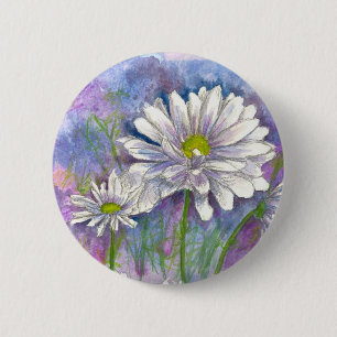 White Daisy Watercolor Flower Painting 6 Cm Round Badge