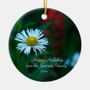 White Daisy Wildflower Christmas Ornament, Round Ceramic Tree Decoration