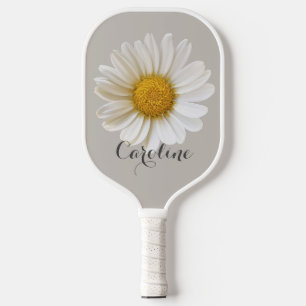 White Daisy with Custom Name Grey Pickleball Paddle