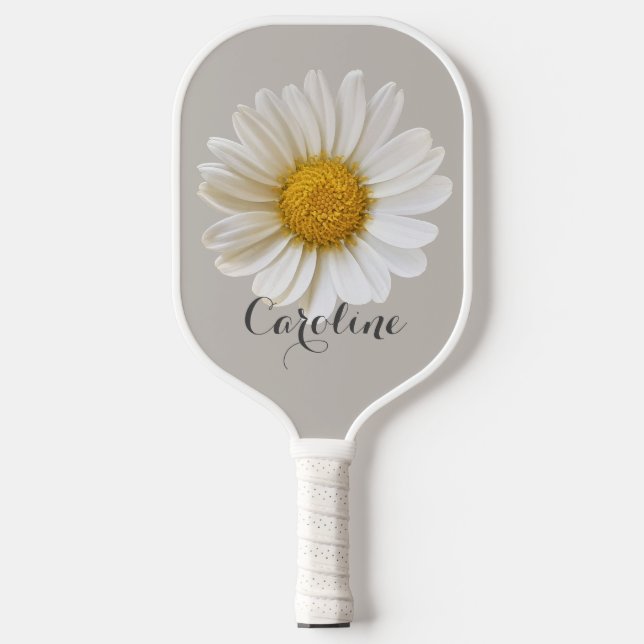White Daisy with Custom Name Grey Pickleball Paddle (Front)