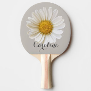 White Daisy with Custom Name Grey Ping Pong Paddle