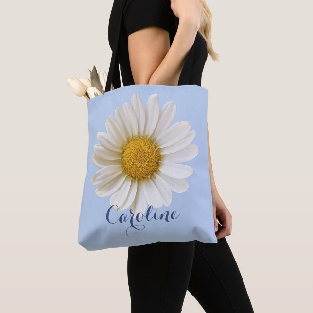 White Daisy with Custom Name Light Blue Tote Bag (Close Up)