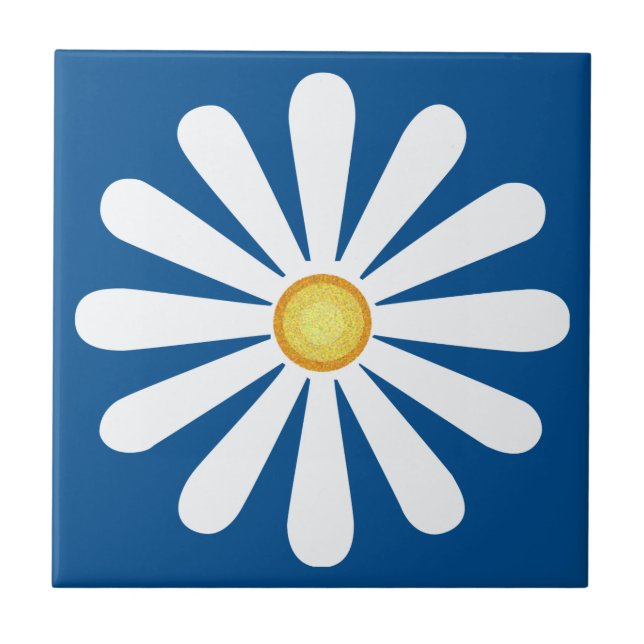 White daisy, yellow centre, on lapis blue tile (Front)
