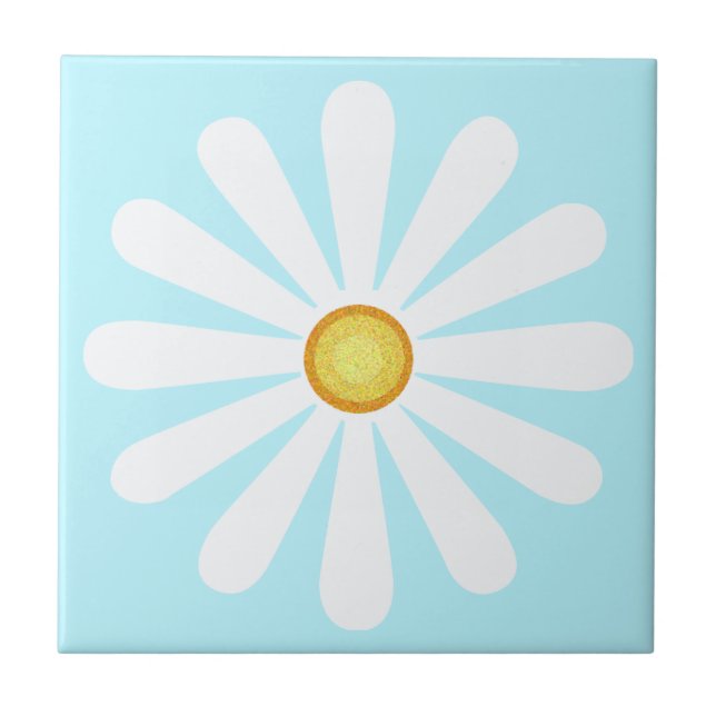 White daisy, yellow centre, on pale cyan tile (Front)
