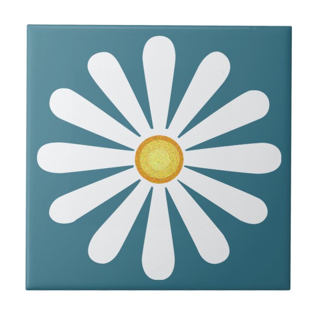 White daisy, yellow centre, on teal blue tile (Front)